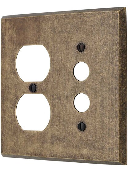 Traditional Forged Brass Push Button / Duplex Combination Switch Plate in Antique Brass.
